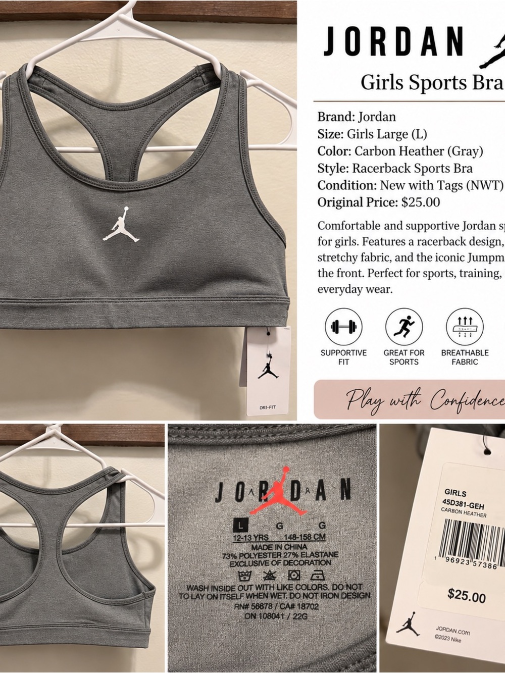 Jordan Girls Racerback Sports Bra - Carbon Heather Gray